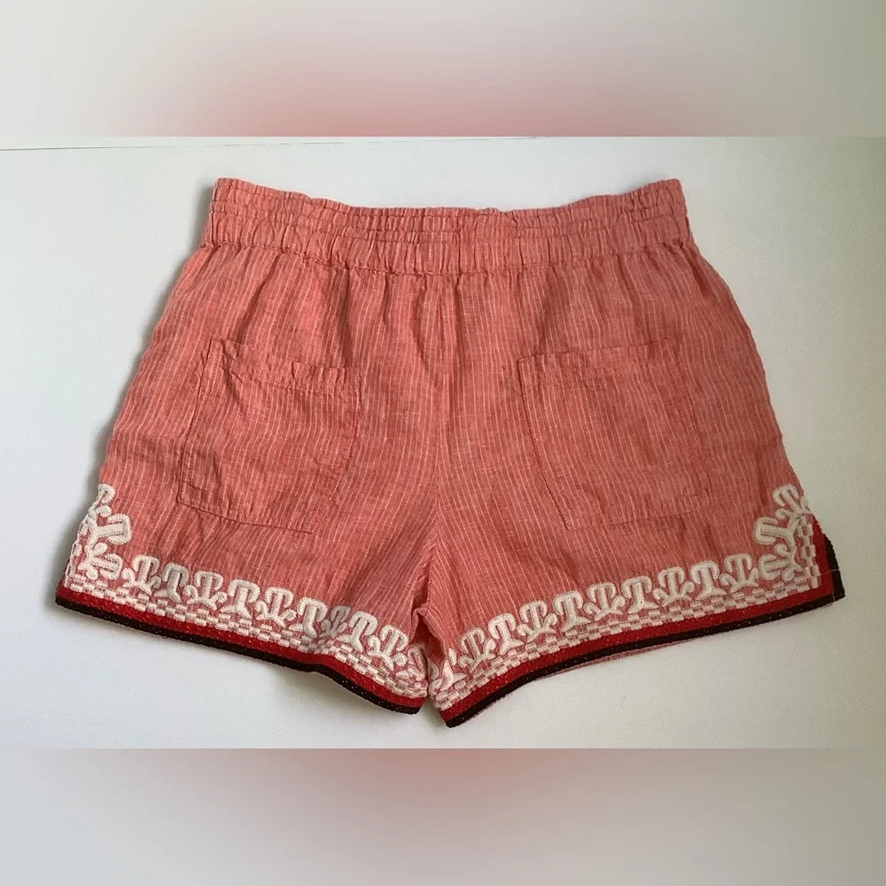 Anthropologie Beach Comber Linen Coral Embroidered High-Rise Shorts Size small